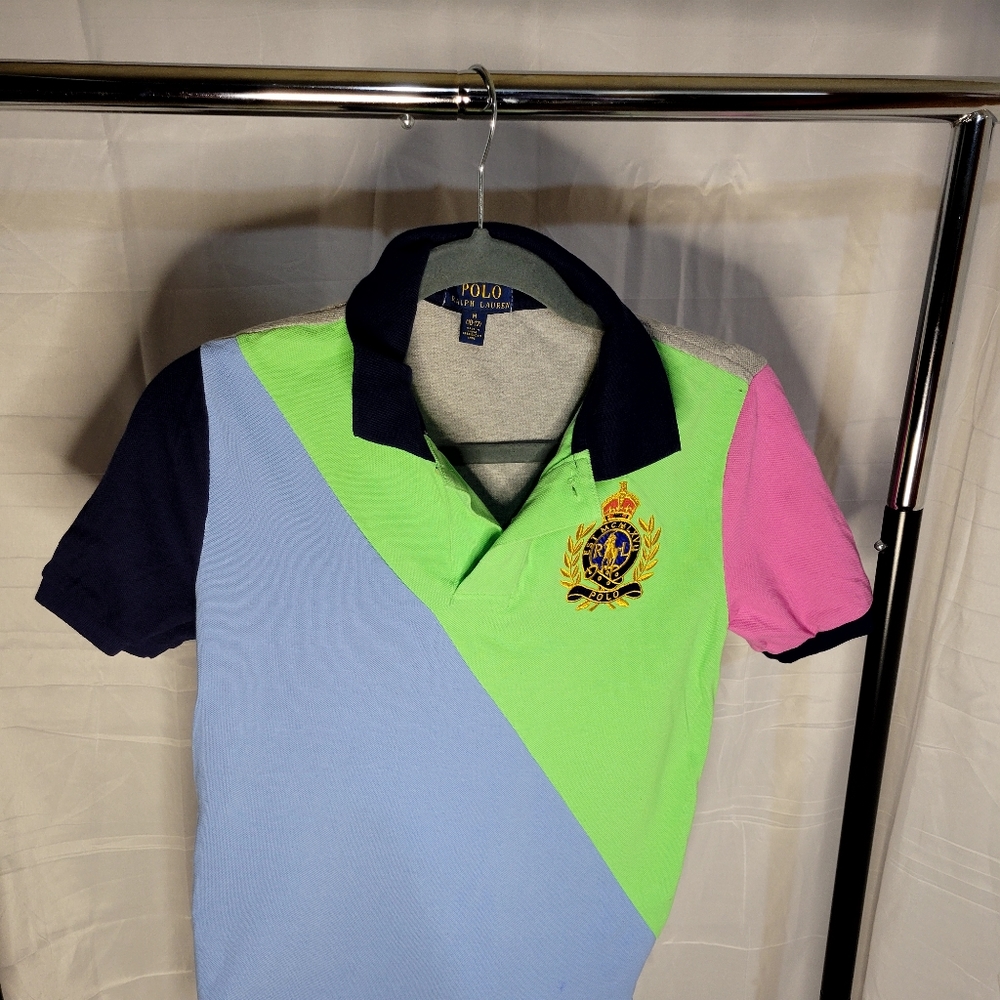 Boys Ralph lauren polo shirt. Size M  blue, green, pink, and gray. Worn
